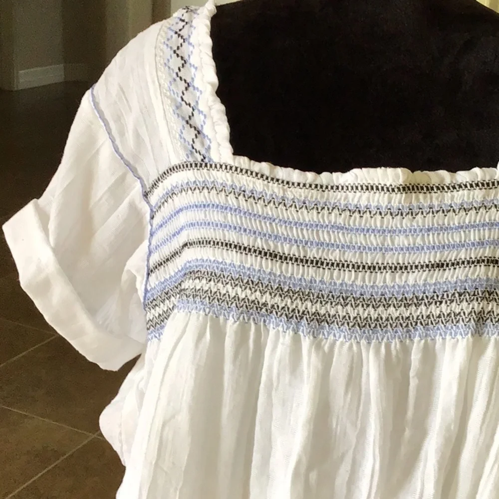Free People White Smocked Square Neck Peasant Top with Light Blue Trim
